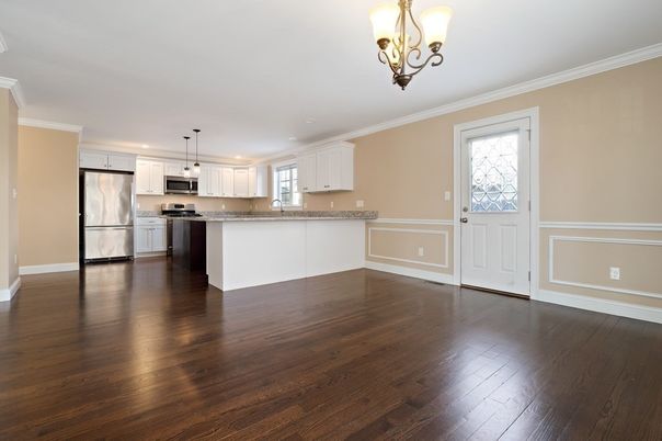 Chandelier, Interior, Kitchen, Pendant Lights, Stainless Steel Appliances, Wood Texture Flooring