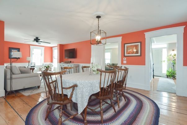 Dining room, Interior, Living room, Pendant Lights, Wood Texture Flooring