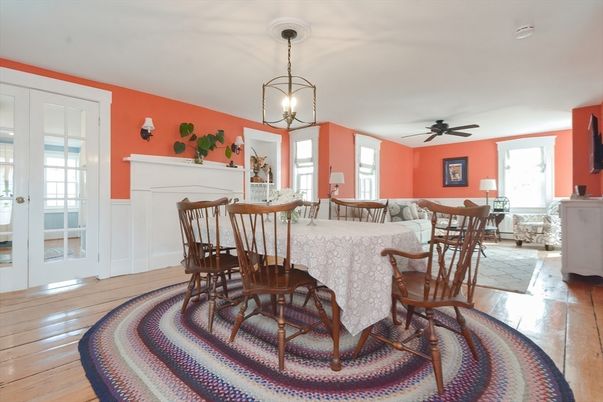 Dining room, Fireplace, Interior, Pendant Lights, Wood Texture Flooring
