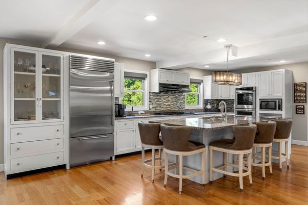 Chandelier, Interior, Kitchen, Pendant Lights, Recessed Lighting, Stainless Steel Appliances, Wood Texture Flooring