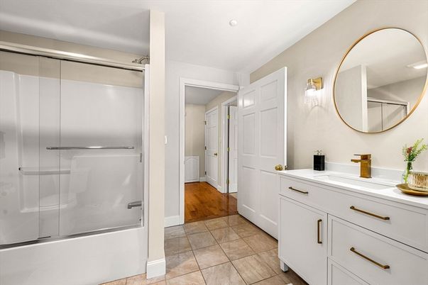 Bathroom, Glass Shower, Interior, Recessed Lighting, Wood Texture Flooring