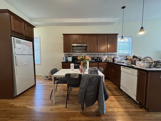 Dining room, Interior, Kitchen, Pendant Lights, Wood Texture Flooring