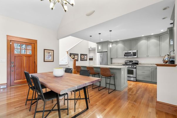 Dining room, Interior, Kitchen, Pendant Lights, Recessed Lighting, Stainless Steel Appliances, Wood Texture Flooring