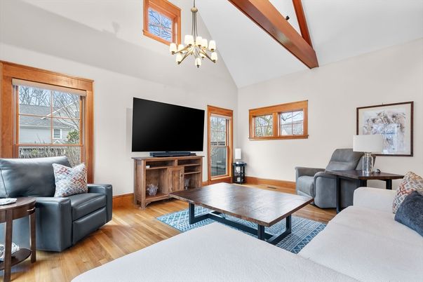 Chandelier, Interior, Living room, Pendant Lights, Wooden Beams, Wood Texture Flooring