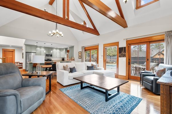 Chandelier, Interior, Kitchen, Living room, Pendant Lights, Stainless Steel Appliances, Wooden Beams, Wood Texture Flooring