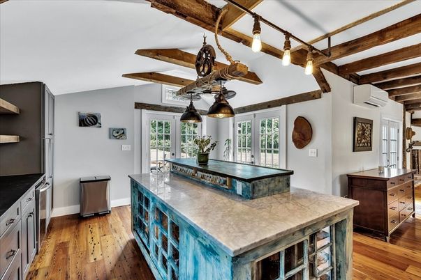 Interior, Kitchen, Pendant Lights, Wooden Beams, Wood Texture Flooring