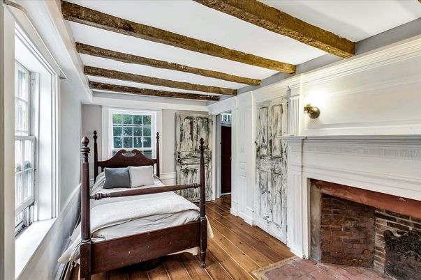 Bedroom, Fireplace, Interior, Wooden Beams, Wood Texture Flooring