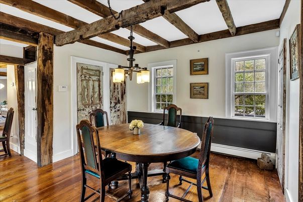 Dining room, Interior, Pendant Lights, Wooden Beams, Wood Texture Flooring