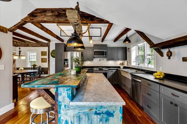 Dining room, Interior, Kitchen, Pendant Lights, Stainless Steel Appliances, Wooden Beams, Wood Texture Flooring