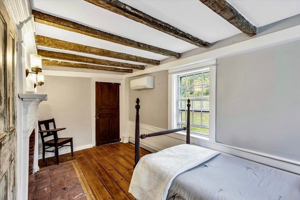 Bedroom, Fireplace, Interior, Wooden Beams, Wood Texture Flooring
