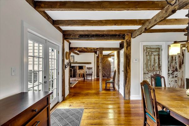 Dining room, Fireplace, Interior, Wooden Beams, Wood Texture Flooring