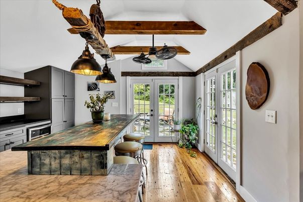 Interior, Kitchen, Pendant Lights, Wooden Beams, Wood Texture Flooring