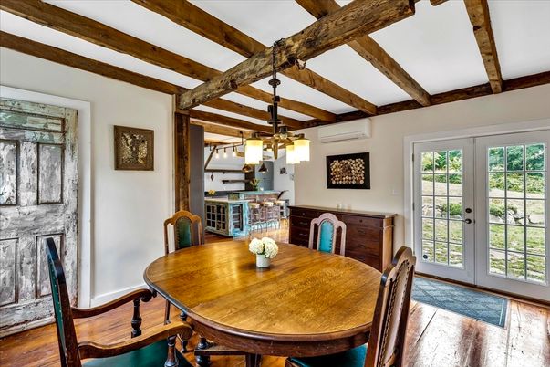 Chandelier, Dining room, Interior, Pendant Lights, Wooden Beams, Wood Texture Flooring
