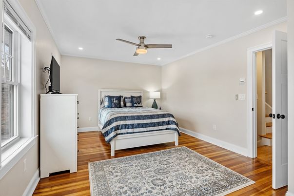 Bedroom, Interior, Recessed Lighting, Wood Texture Flooring