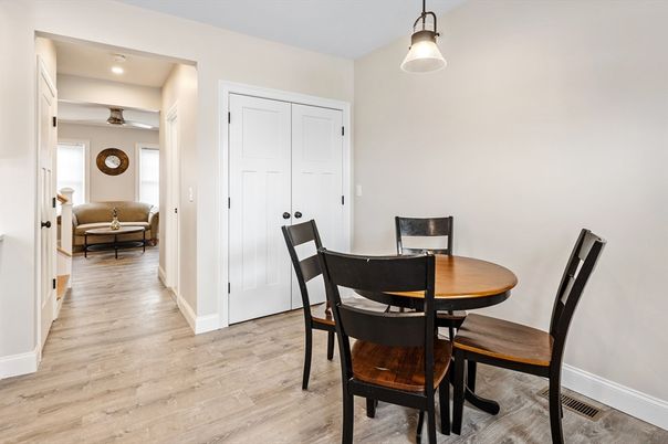 Dining room, Interior, Pendant Lights, Wood Texture Flooring