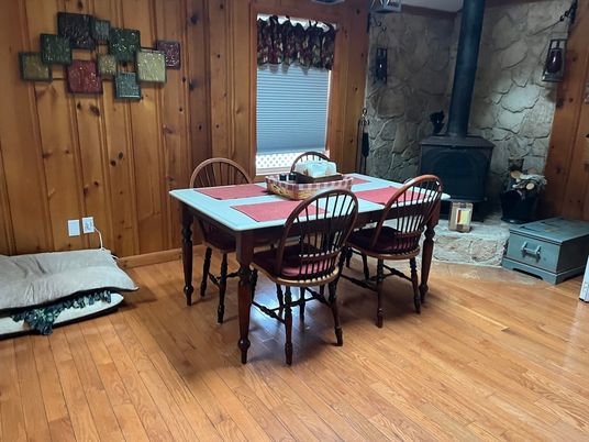 Dining room, Fireplace, Interior, Stone Walls, Wood Texture Flooring, Wooden Walls
