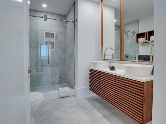 Bathroom, Dual Sink Vanities, Glass Shower, Interior, Recessed Lighting