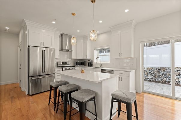 Interior, Kitchen, Pendant Lights, Recessed Lighting, Stainless Steel Appliances, Wood Texture Flooring