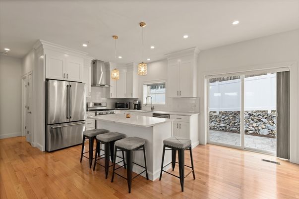 Interior, Kitchen, Pendant Lights, Recessed Lighting, Stainless Steel Appliances, Wood Texture Flooring
