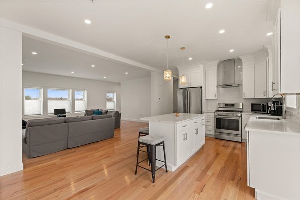 Interior, Kitchen, Living room, Pendant Lights, Recessed Lighting, Stainless Steel Appliances, Wood Texture Flooring