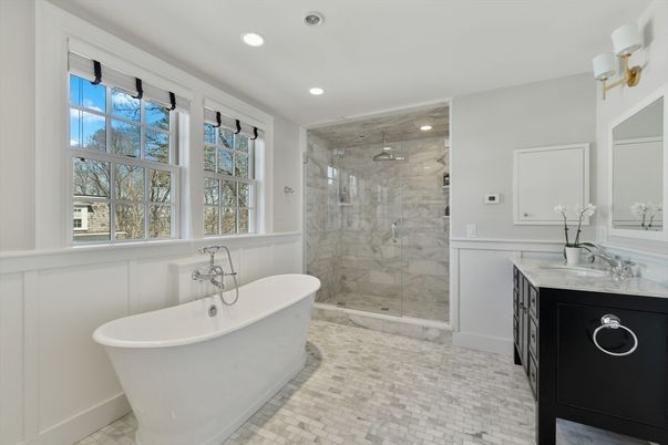 Bathroom, Free Standing Baths, Glass Shower, Interior, Marble Walls, Recessed Lighting
