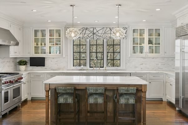 Interior, Kitchen, Marble Walls, Pendant Lights, Recessed Lighting, Stainless Steel Appliances, Wood Texture Flooring