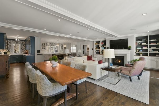 Dining room, Fireplace, Interior, Kitchen, Living room, Pendant Lights, Recessed Lighting, Wood Texture Flooring