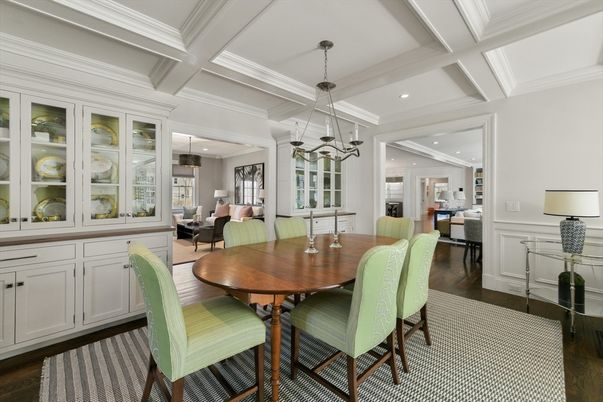Dining room, Interior, Pendant Lights, Recessed Lighting, Wood Texture Flooring