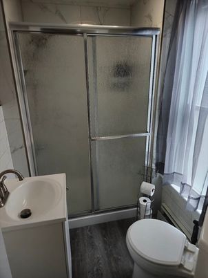 Bathroom, Glass Shower, Interior, Wood Texture Flooring