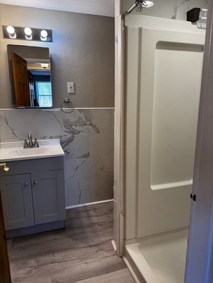 Bathroom, Interior, Marble Walls, Wood Texture Flooring