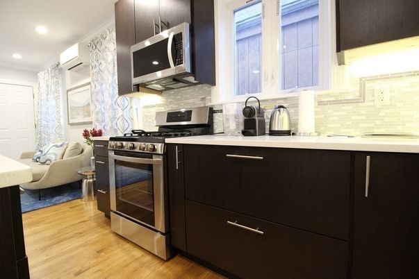 Interior, Kitchen, Recessed Lighting, Stainless Steel Appliances, Wood Texture Flooring