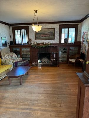 Fireplace, Interior, Pendant Lights, Wood Texture Flooring