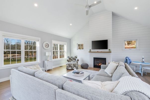 Dining room, Fireplace, Interior, Living room, Recessed Lighting, Wood Texture Flooring