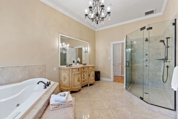 Bathroom, Chandelier, Glass Shower, Interior