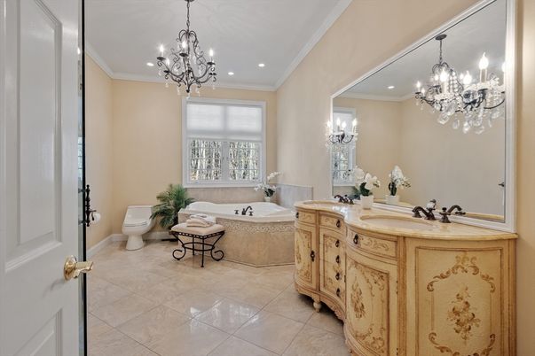 Bathroom, Chandelier, Dual Sink Vanities, Interior, Recessed Lighting