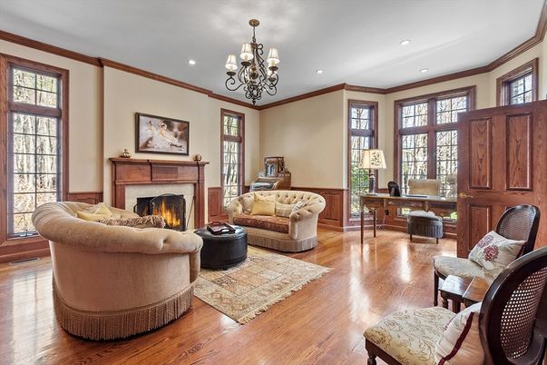 Chandelier, Fireplace, Home Office, Interior, Living room, Recessed Lighting, Wood Texture Flooring
