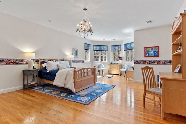 Bedroom, Chandelier, Interior, Recessed Lighting, Wood Texture Flooring