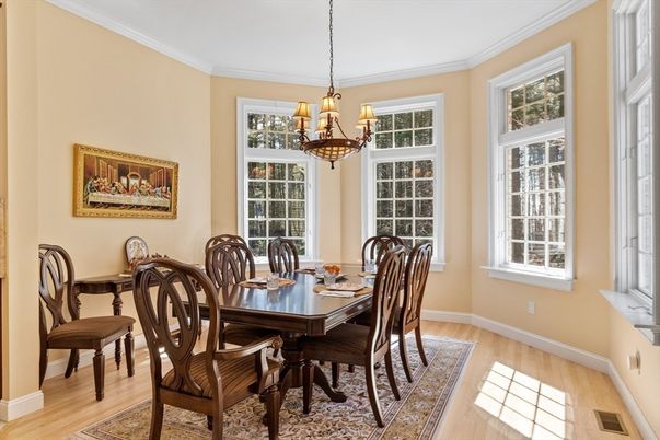 Chandelier, Dining room, Interior, Wood Texture Flooring