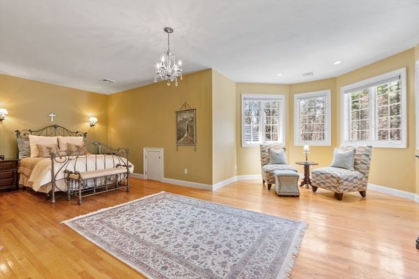 Bedroom, Chandelier, Interior, Recessed Lighting, Wood Texture Flooring