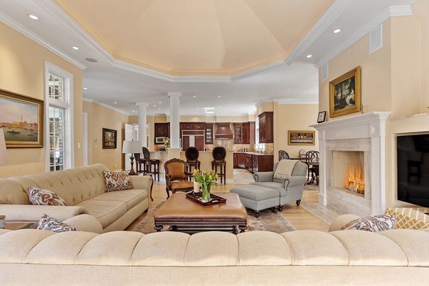 Dining room, Fireplace, Interior, Kitchen, Living room, Pendant Lights, Recessed Lighting, Wood Texture Flooring