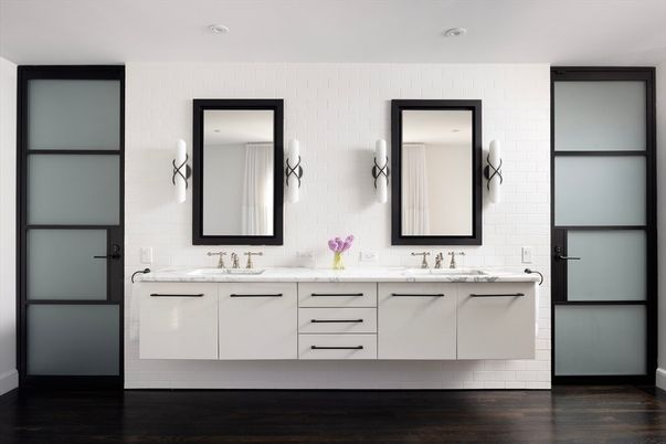 Bathroom, Dual Sink Vanities, Interior, Recessed Lighting, Wood Texture Flooring