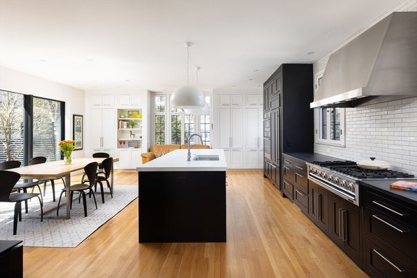 Dining room, Interior, Kitchen, Pendant Lights, Recessed Lighting, Stainless Steel Appliances, Wood Texture Flooring