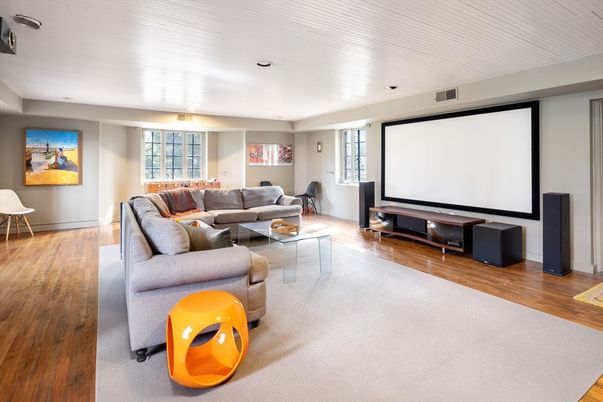 Interior, Living room, Projection Screen, Recessed Lighting, Wood Texture Flooring
