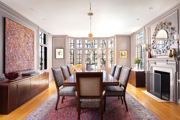 Dining room, Fireplace, Interior, Pendant Lights, Recessed Lighting, Wood Texture Flooring