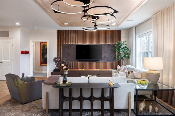 Interior, Living room, Pendant Lights, Recessed Lighting, Wood Texture Flooring