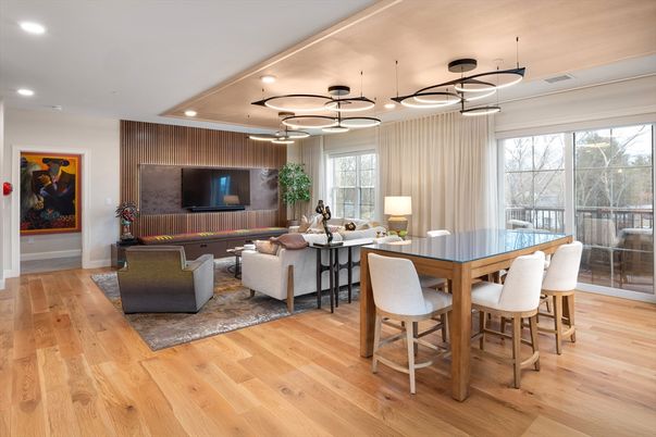 Dining room, Interior, Living room, Pendant Lights, Recessed Lighting, Wood Texture Flooring