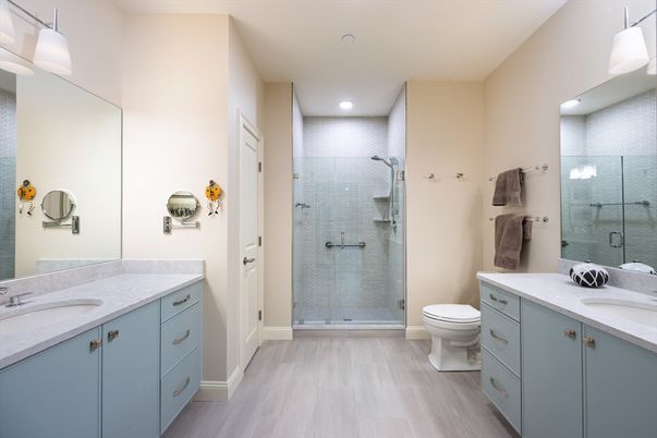 Bathroom, Dual Sink Vanities, Glass Shower, Interior, Recessed Lighting, Wood Texture Flooring