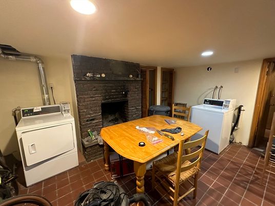 Dining room, Fireplace, Interior, Recessed Lighting, Stone Walls, Washer