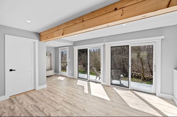 Empty room, Interior, Recessed Lighting, Wooden Beams, Wood Texture Flooring