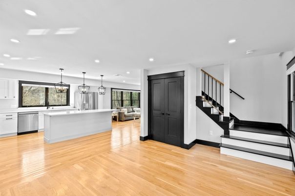 Interior, Kitchen, Pendant Lights, Recessed Lighting, Stainless Steel Appliances, Wood Texture Flooring
